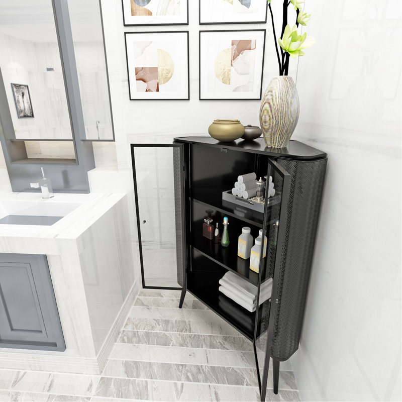 Armoire de rangement d'angle moderne à 3 niveaux avec portes en verre trempé, tablettes amovibles et structure en métal - Organisateur autoportant pour la salle de bain, la cuisine, la chambre à coucher, le salon ou les petits espaces