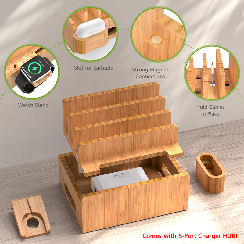 Station de recharge en bambou avec organisateur pour plusieurs appareils, incluant un support pour téléphone, tablette, montre intelligente et écouteurs, 5 câbles et un concentrateur de charge à 5 ports.