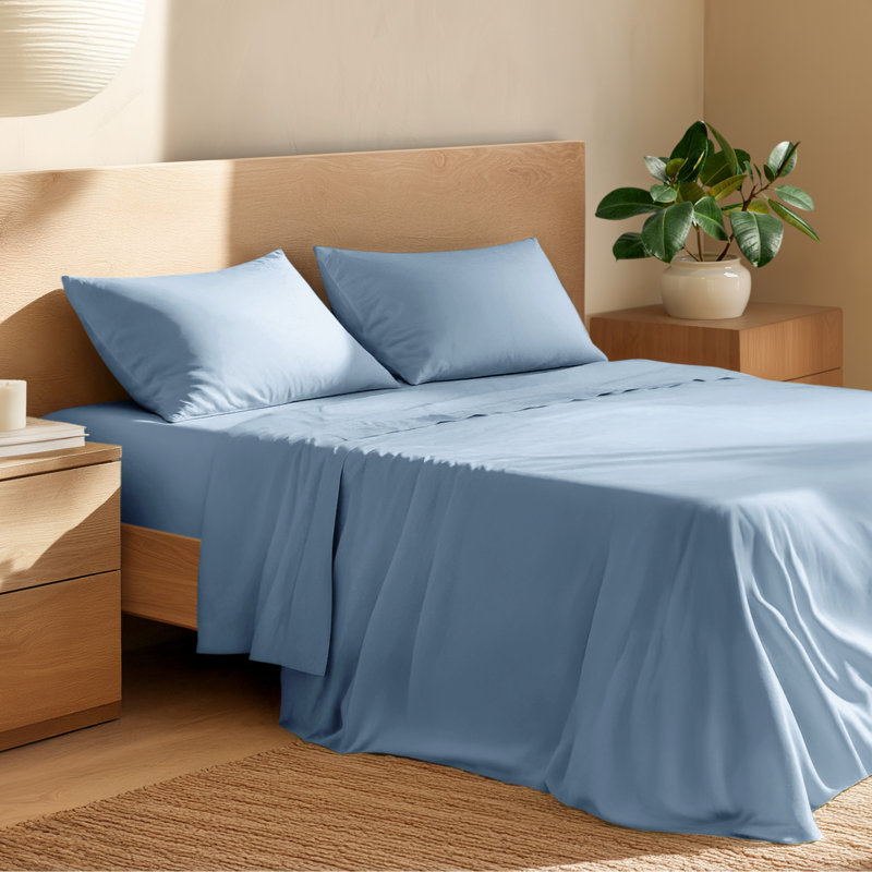 100% Cotton Percale Sheet Set, Full / Double Sheet Set with 2 Pillowcases, Dusty Blue
