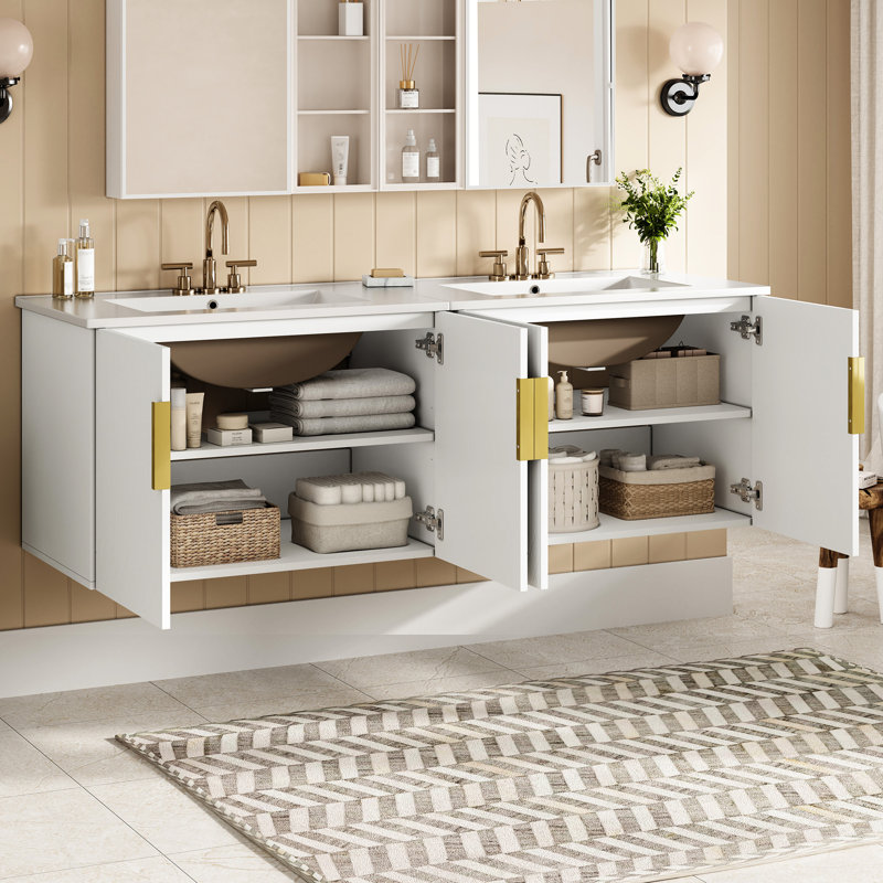Meuble-lavabo mural de 30 po avec lavabo en céramique à 3 trous de style moderne et bois, meuble-lavabo intérieur spacieux et spacieux, conception simple et armoire de rangement pratique