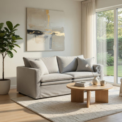 Rutu Loveseat, 2 Accent Pillows, Light Gray Padded Linen, 68 Inch