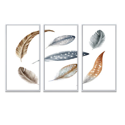 " Gray Boho Polka Dot Feathers II " 3 Piece Art Watercolor Painting