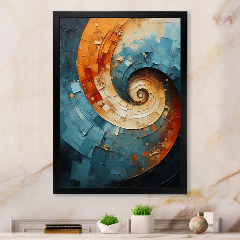 «Fenyx Orange Teal Abstract Spirals I», reproduction sur toile, H 20 po x l 12 po x P 1 po, Cadre noir