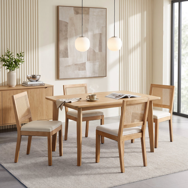 Ensemble de salle à manger 5 pièces à plateau rectangulaire en bois naturel avec chaises en rotin beige 4