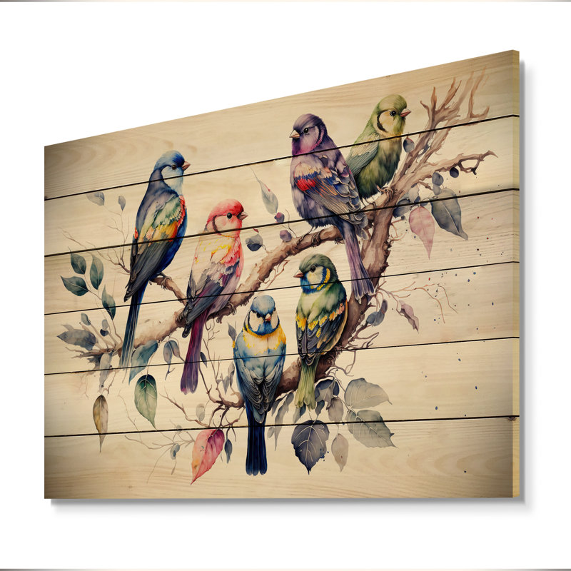 Multicolore oiseaux sur prunier en fleurs XVIIIe - animaux, art mural en bois - bois de pin naturel