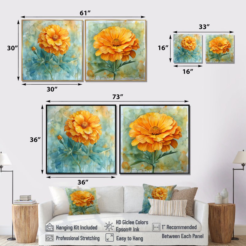 Jaune jaune vert pétales délicats I - décoration murale souci - art mural traditionnel 2 pièces, 30" H x 61" W, Toile tendue