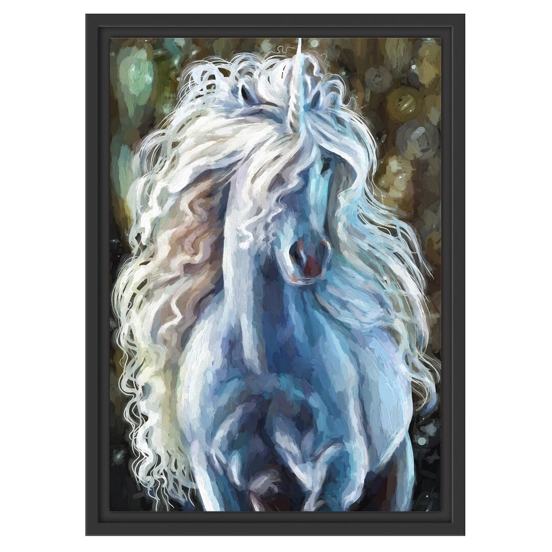 Gerahmtes Wandbild Trabendes weißes Einhorn Kunst