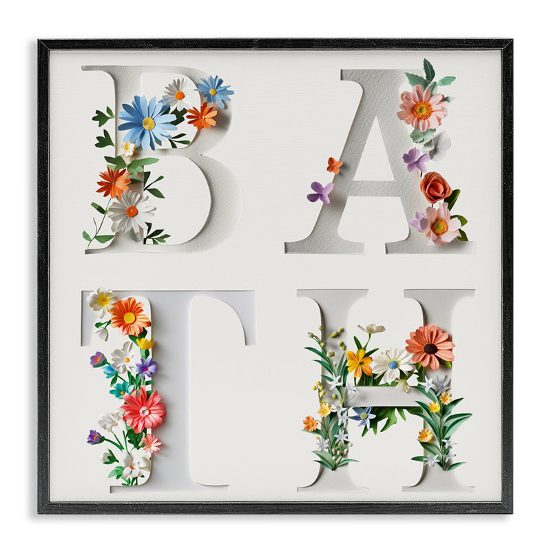 Impression florale typographique de bain floral, conception de Susan Arnot, Giclée encadrée noir minuit, H 12 po x l 12 po