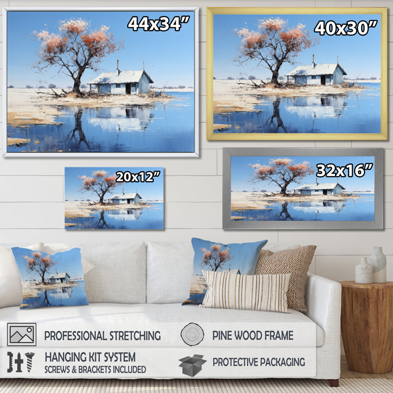 «Minimalisme» Lakefront Cottage Oasis 3 - Paysage, art mural sur toile tendue, Cadre de coin fermé argenté