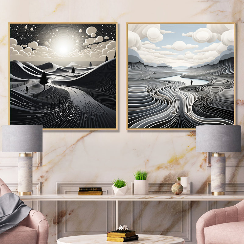 «White and Black Abstract Line Mountain Landscape I», ensemble de 2 reproductions d'art mural, H 30 po x l 61 po x P 1 po