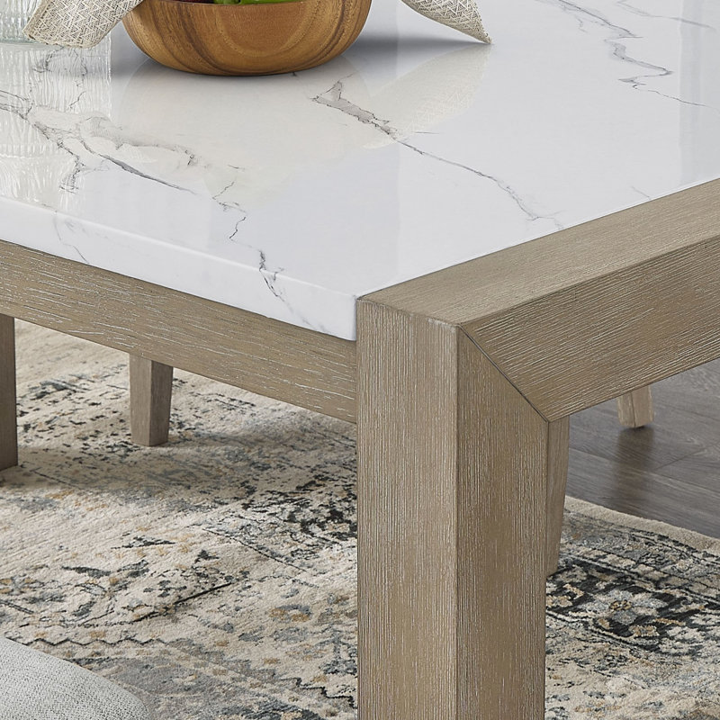 Table de salle à manger l 66 po avec plateau en faux marbre blanc et finition chêne, design, 6 sièges, 38 po de profondeur, 30 pieds de style rectangulaire, + matériau, 38,61 29,81 po de hauteur, 100,6 lb de poids