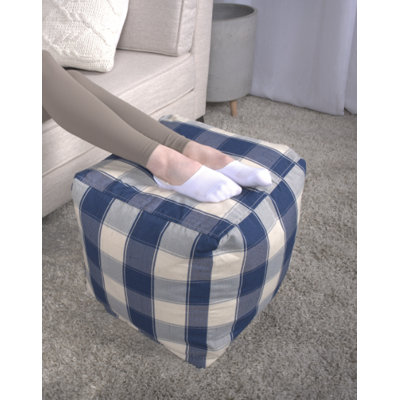 Square Pouf Ottoman, Checkered Ivory And Navy Blue, 16 X 16 X 16 Inches