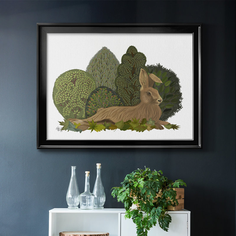 Hare couché sur des feuilles, reproduction sur toile, H 14 po x l 20 po x P 1,5 po, Toile encadrée noire à coins fermés