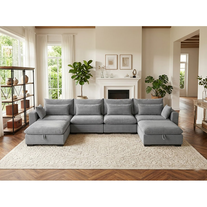 Oversized Corduroy Modular Sectional Sofa With Storage Ottomans, Blue Polyester Blend