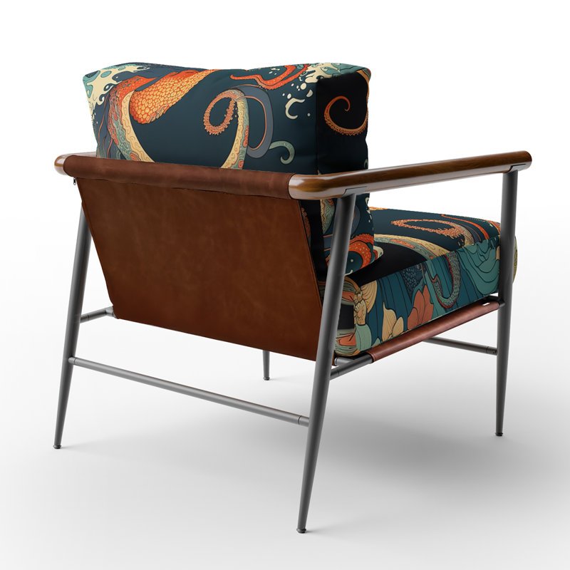 Chaise avec accoudoirs décorative paysage japonais avec pieuvre V, Noir