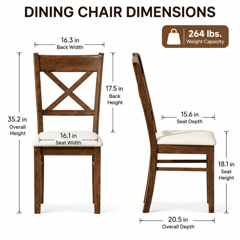 Ensemble de 2 chaises de salle à manger rembourrées, chaises de cuisine de style Mid-Century moderne avec structure en bois d'hévéa, siège rembourré, conception à dossier en X, finition noyer