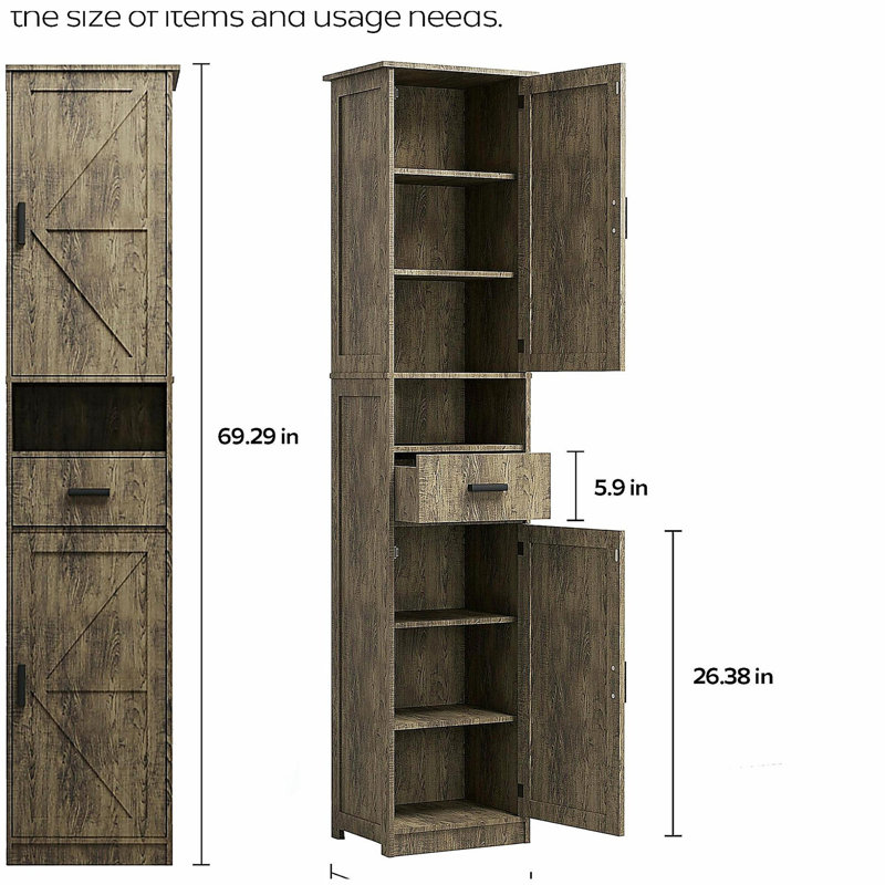 69" H Tall Storage Cabinet with 2 Barn Doors and 1 Drawer, Narrow Storage Unit with Adjustable Shelves, Floor Cabinet for Bathroom, Living Room, Kitchen