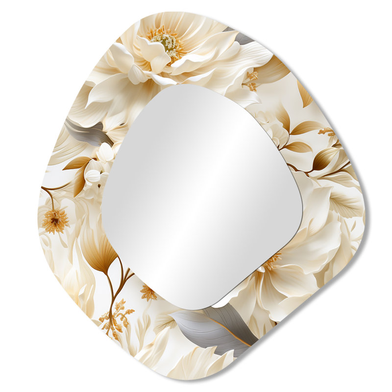 White Chrysanthemum Flowers Boho Pattern I - Irregular Floral Traditional Unique Wall Mirror, 28" x 25"