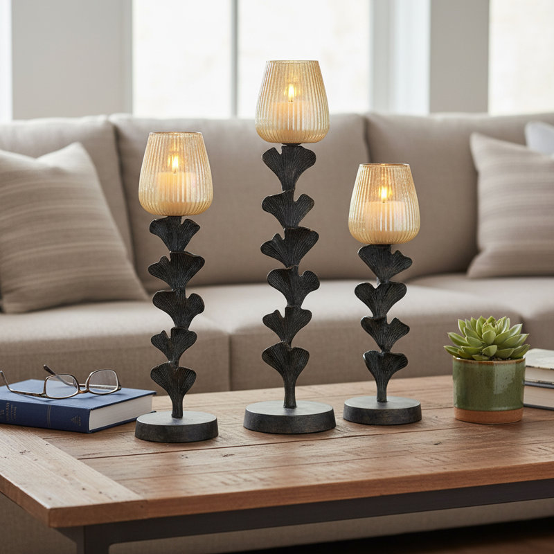 Adel Modern Glass Pillar Candle Holder for Tabletop Decor - Decorative Flower Inspired Candlestick Holder for Home Decor - Set of 3, 23", 20", 14, Gray