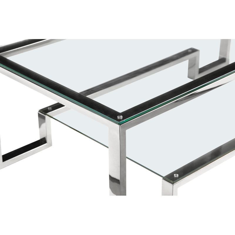 Declan Glass Top Single Coffee Table, 18" H x 50" W x 36" D, High Polish Steel