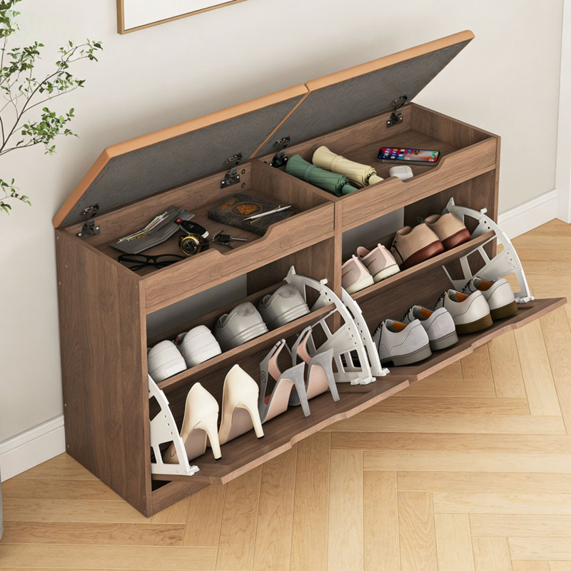 Banc de rangement à chaussures de 38,6 po avec coussin de siège et armoire à tiroirs rabattables, Brun