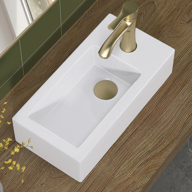 Petit lavabo de salle de bain, mini vasque rectangulaire à montage mural de 15 po x 7 po pour vestiaire de salle d'eau, conception flottante peu encombrante, lavabo en céramique blanche facile à nettoyer (à droite)