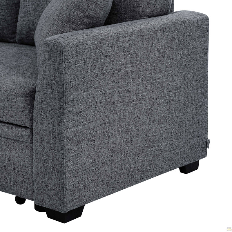 76.5" Linen Blend Upholstered Sectional With Pull-Out Bed And Chaise Storage, Dark Gray Linen Blend