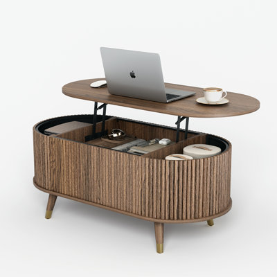 42.5" Oval Lift-Top Coffee Table, Fluted Center Table with Hidden Storage Compartment & Solid Wood Legs, Mid-Century Modern Coffee Table for Living Room, Walnut