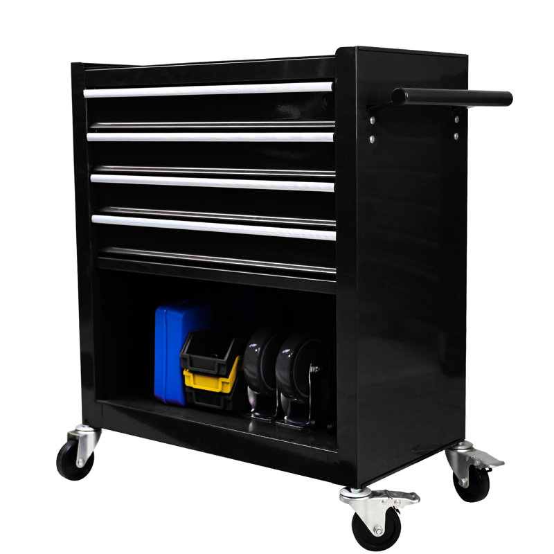 Chariot à outils multifonctionnel à 4 tiroirs avec roulettes - noir, conception en acier, fermeture en douceur du tiroir, frein à 2 pièces et sans mouvement sécuritaire, choix de rangement supplémentaire, matériau ouvert