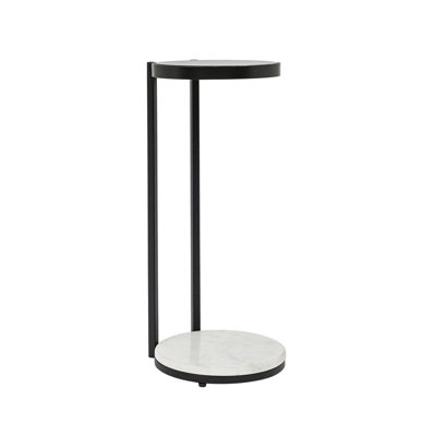 Modern Black Metal End Table, Clear Glass Top with White Marble Base Minimalist Drink Side Accent Table for Living Room Bedroom Hallway Decor