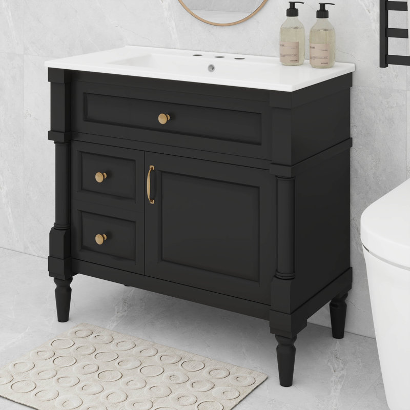 Meuble-lavabo 36 po avec lavabo en céramique, 2 tiroirs et rangement à porte rabattable, tablette réglable, Noir