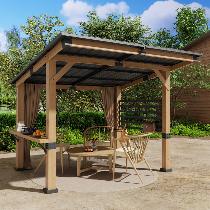 12 pi. x 10 pi Pavillon de jardin en bois massif avec rideaux d'intimité et crochet de plafond