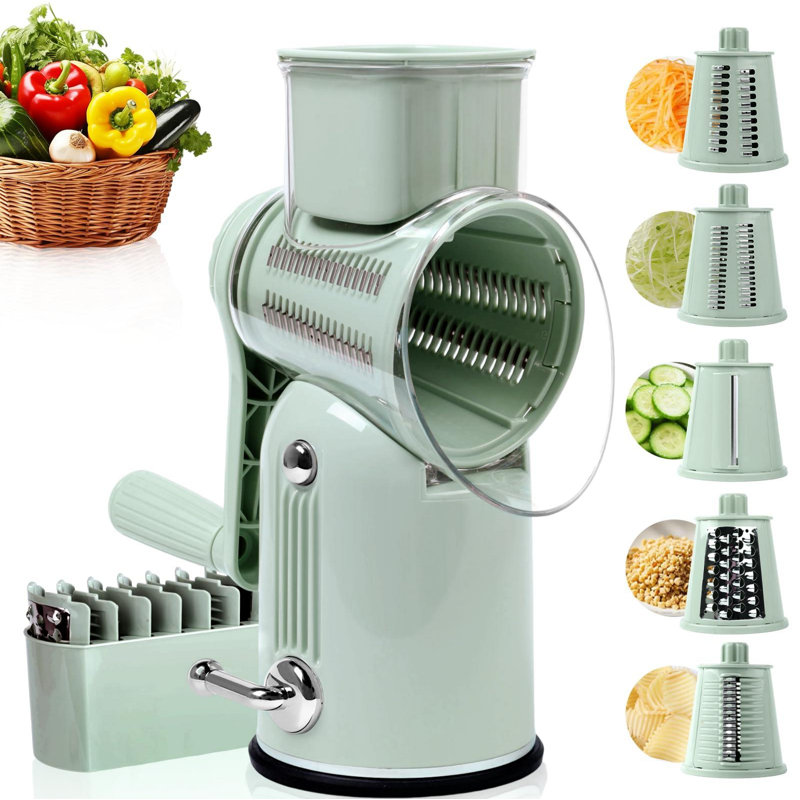 Râpe à fromage rotative avec poignée, 5 pales remplaçables, base à forte aspiration, trancheuse à aliments ronde et hachoir (vert)