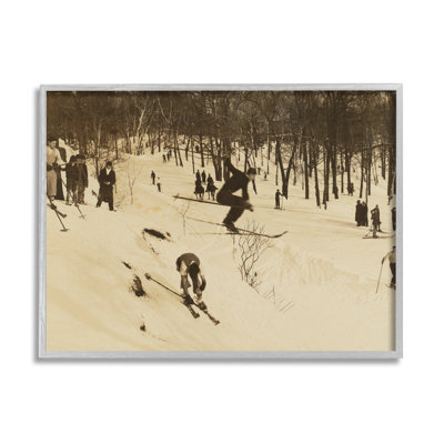 Vintage Ski Slopes Winter Athletes Sepia Tone Photography Gray Farmhouse Oversized Rustic Framed Giclee Texturized Art by Wild Apple Portfolio