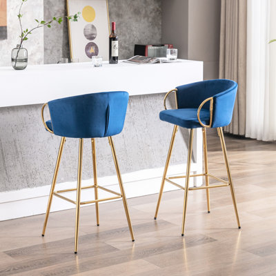 Tabouret de bar 26 po en velours bleu de 26 po avec pieds dorés et repose-pieds, option de siège confortable 2 et classique