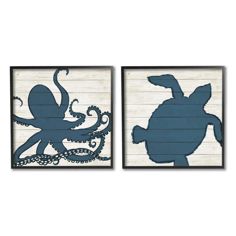 «Nautical Blue Silhouette Octopus Sea Turtle», ensemble de 2 impressions, H 17 po x l 17 po x P 1,5 po