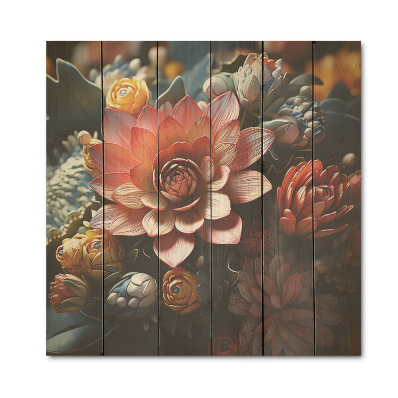 Bouquet de jardin coloré mosaïque - plantes, art sur bois de pin naturel, H 30 po x l 30 po