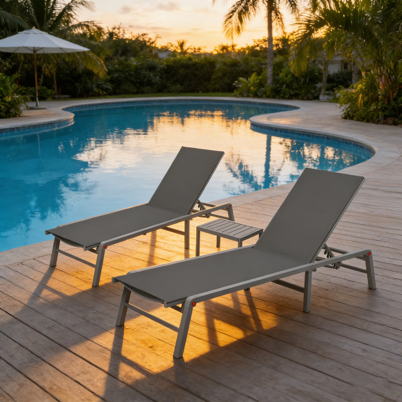 Kozyard 3-Piece Patio Lounge Set, 2 Foldable Outdoor Lounge Chairs with Side Table, Aluminum Frame Patio Loungers with 5-Position Adjustable Backrest, Breathable Textilene Fabric, No Assembly Required, Reclining & Full Flat for Pool, Beach & Patio Gray