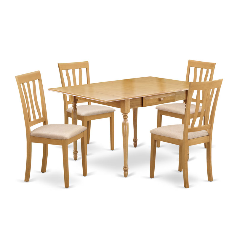 5 Piece Dinette Set for 4 Includes a Rectangle Dining Table with Dropleaf and 4 Linen Fabric Dining Room Chairs, 36x54 Inch, Oak
