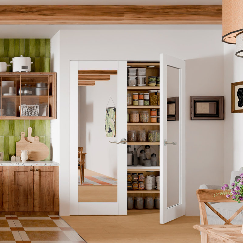 Portes intérieures de garde-manger intérieures - Double dalle de conception standard en miroir blanc double avec poignées argentées