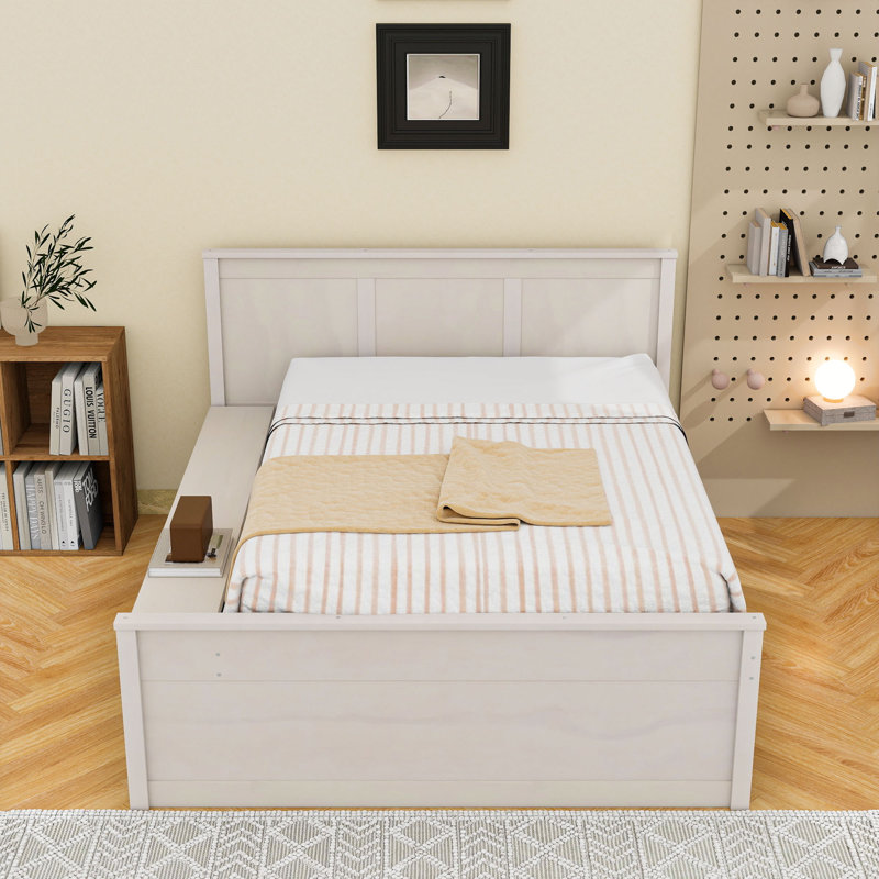 Lit plateforme en bois avec lit gigogne et tablettes de rangement, Blanc, crème, Lit double