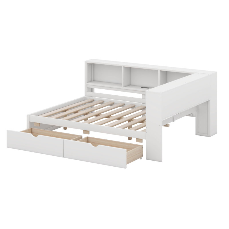Lit de jour en bois pour grand lit avec éclairage à DEL intégré, ports de chargement USB, 2 tiroirs spacieux, Blanc