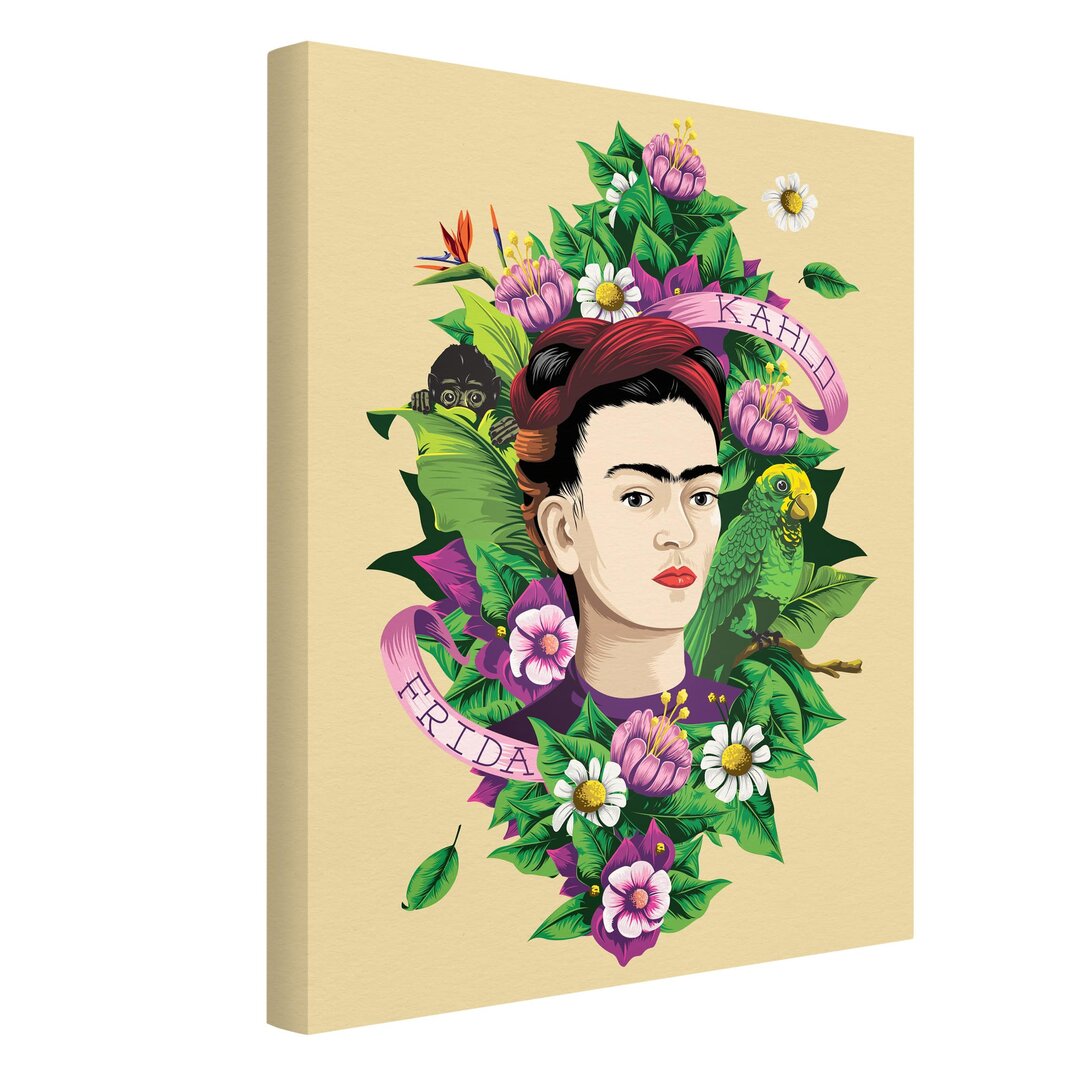 Leinwandbild Frida, Äffchen und Papagei von Frida Kahlo