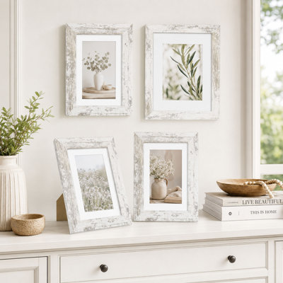 4 Piece 5x7 Distressed White Wooden Picture Frame Set with Real Glass