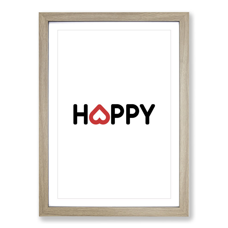 Happy - Picture Frame Typography, Oak Framed, 65cm H x 48cm W x 2cm D