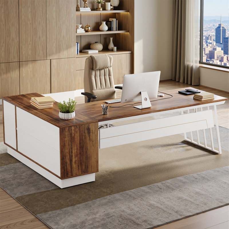 Bureau de direction en L 71 po avec tiroirs et tablettes de rangement, Brun rustique / Blanc