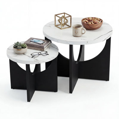 23.6" Round Nesting Coffee Tables Set Of 2, Solid Wood Side Tables Space-saving Design For Small Living Rooms And Apartments