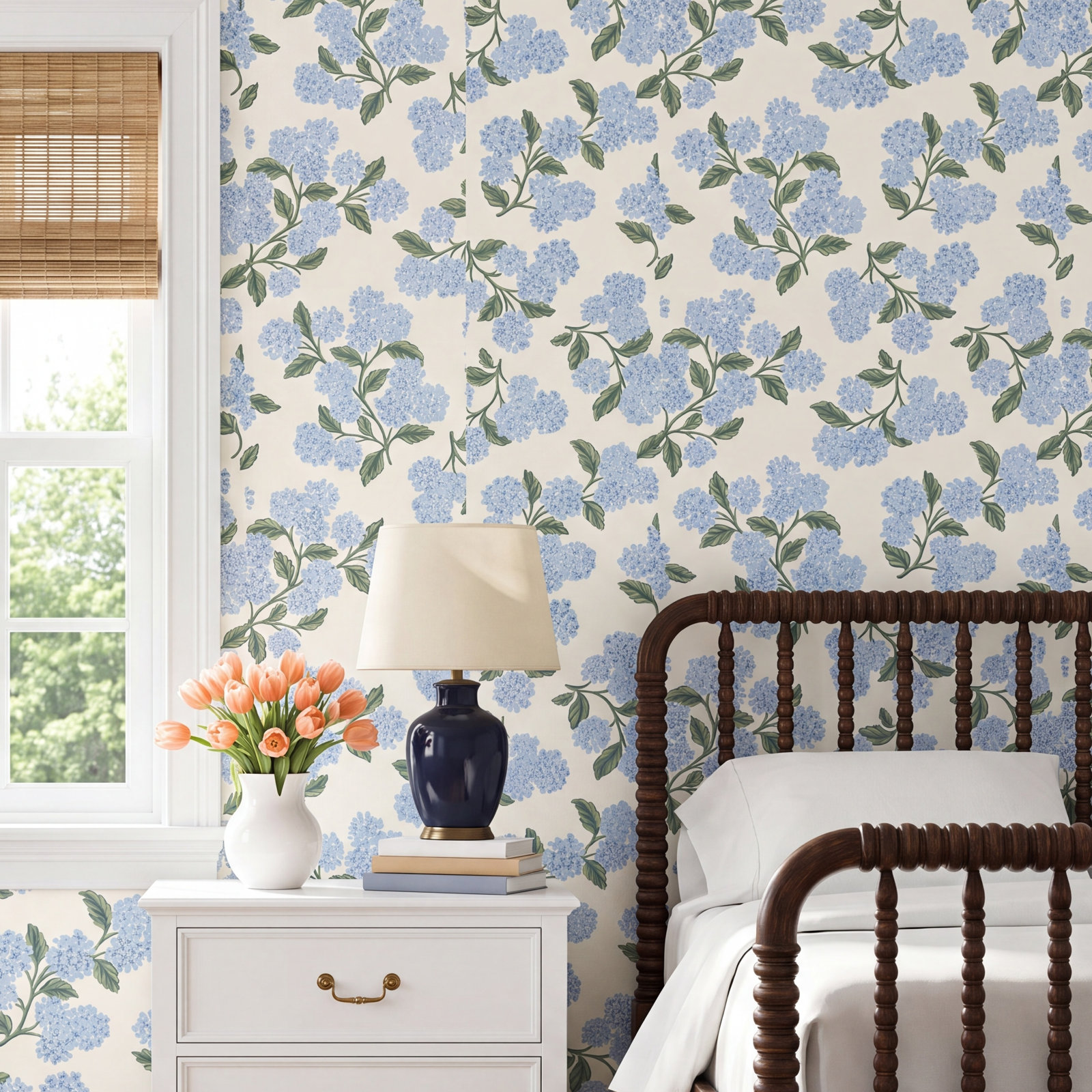 Hydrangea White Peel and Stick Wallpaper, Blue