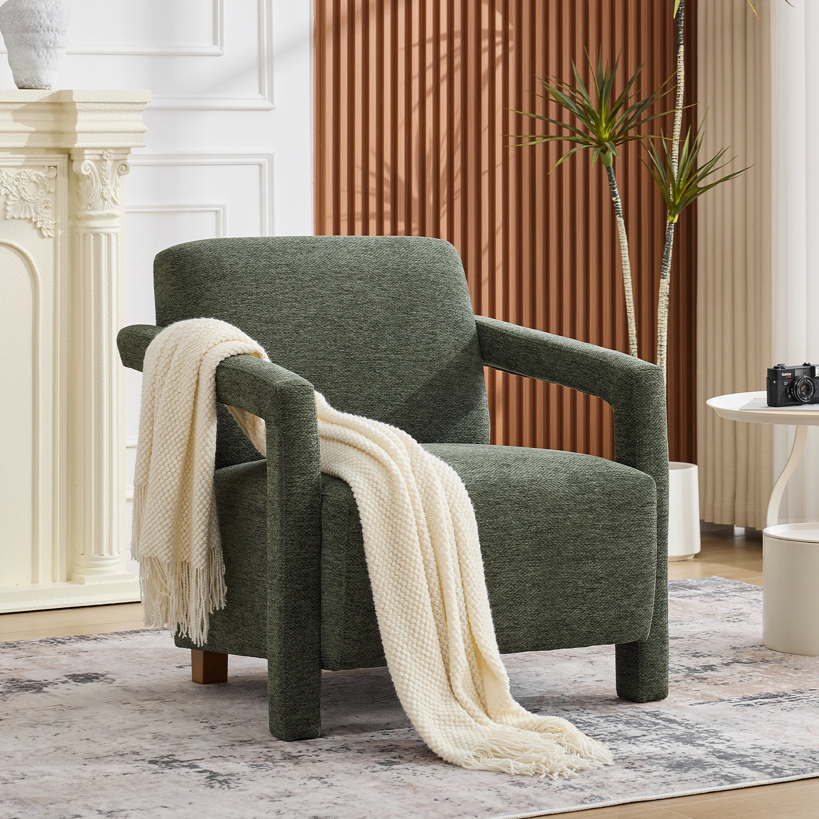 Ebern Designs 29.9" W Chenille Upholstered Armchair with Solid Wood ...