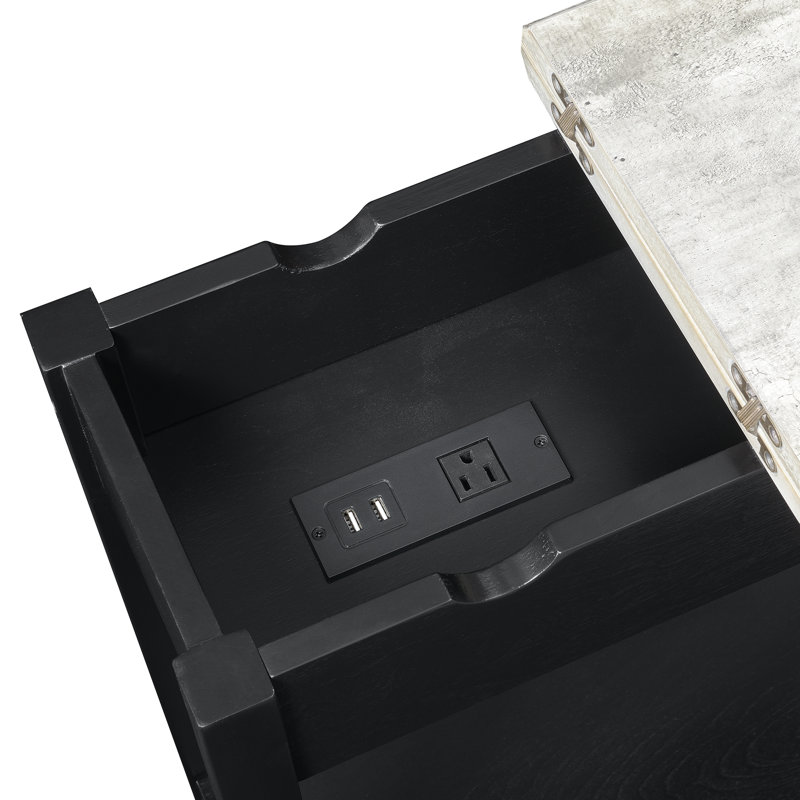 Carbin End Table and Built-In Outlets, Faux Birch Top/Black Base